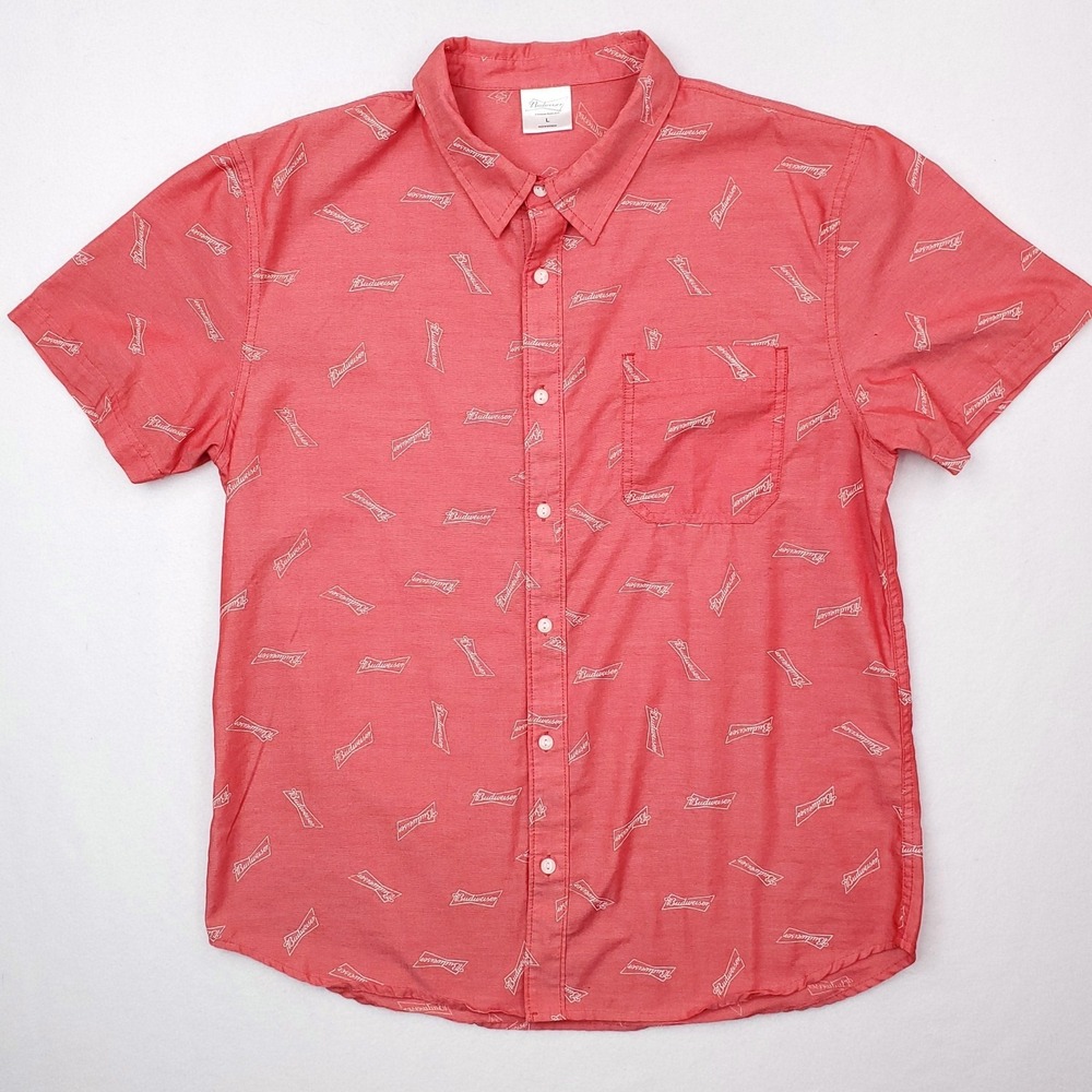 Budweiser Shirt Mens Large Red Button‎ Up Short Sleeve Beer Logo Allover Print